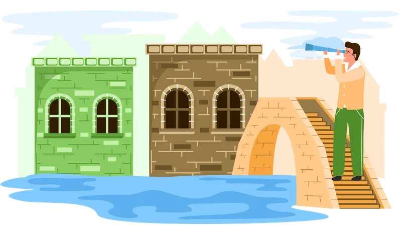 El viajero masculino se encuentra en un pequeño puente de piedra sobre el río en el casco antiguo con un edificio antiguo de ladrillo bajo  Ilustración