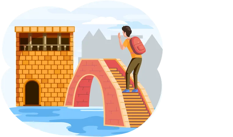 El viajero masculino se encuentra en un pequeño puente de piedra sobre el río en el casco antiguo con un edificio antiguo de ladrillo bajo  Ilustración