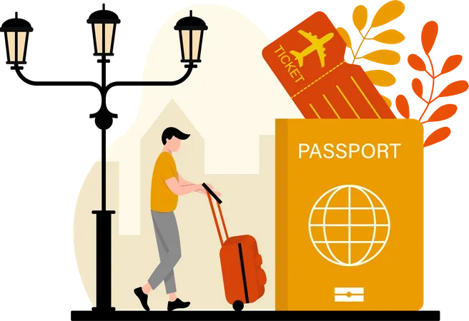 Viajero masculino con pasaporte y equipaje.  Ilustración