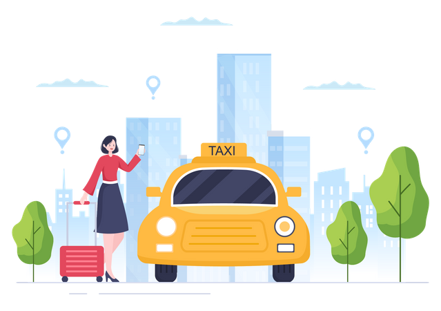 Viajero que utiliza el servicio de reserva de taxis en línea  Ilustración