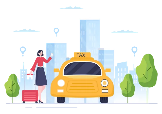 Viajero que utiliza el servicio de reserva de taxis en línea  Ilustración