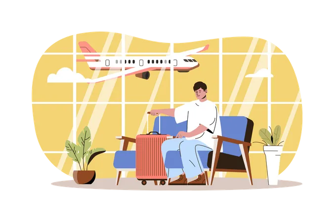 Viajero sentado en la sala de espera de la terminal del aeropuerto  Ilustración
