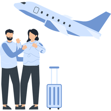 Viajeros con avión y equipaje  Ilustración