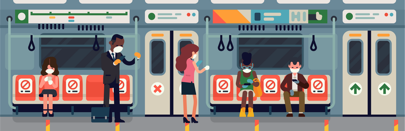 Viajeros del metro durante la campaña de medidas de seguridad pandémicas de coronavirus  Ilustración