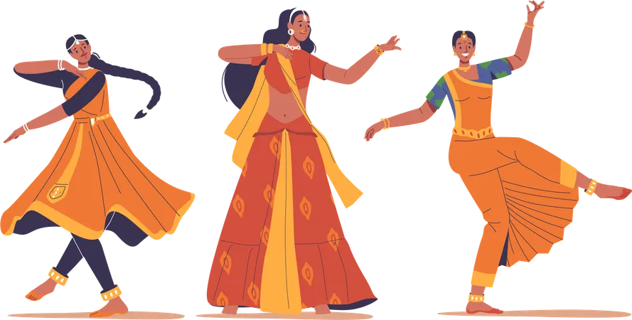 Graceful Movements Intricate Hand Gestures Vibrant Costumes Characterize Indian Women Dances From Classical Bharatanatyam To Folk Garba Each Style Embodies Rich Cultural Heritage And Storytelling Illustration