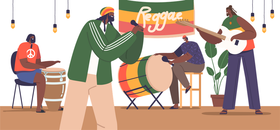 Vibrant Reggae Musicians Captivate The Crowd On Stage  Illustration