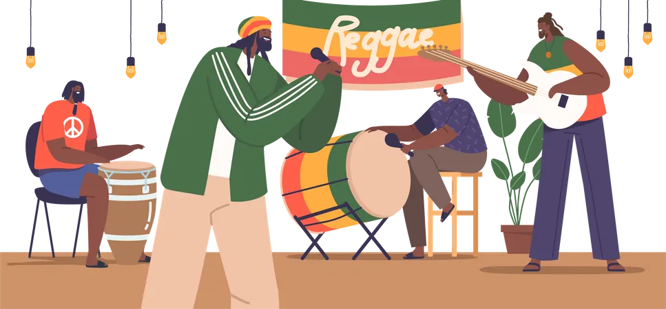 Vibrant Reggae Musicians Captivate The Crowd On Stage  Illustration