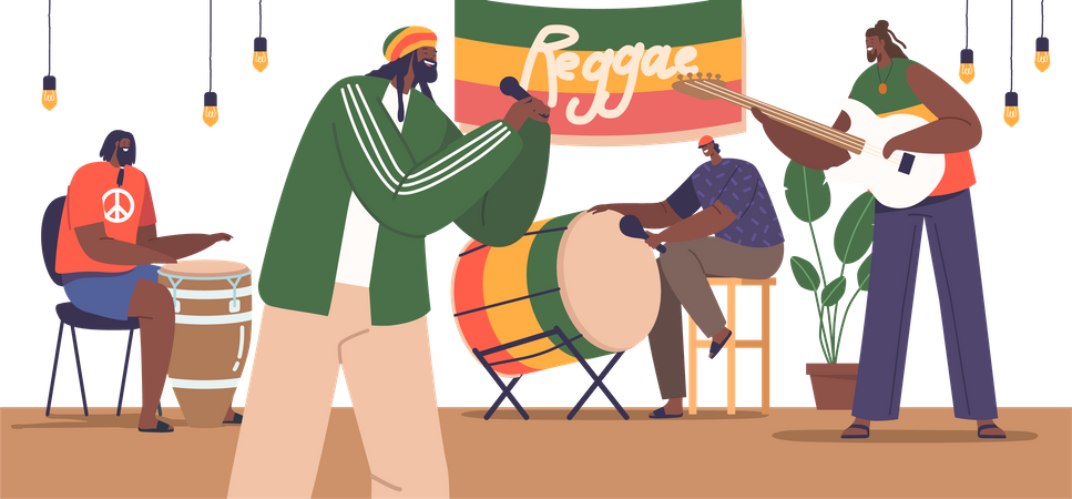 Vibrantes músicos de reggae cautivan a la multitud en el escenario  Ilustración
