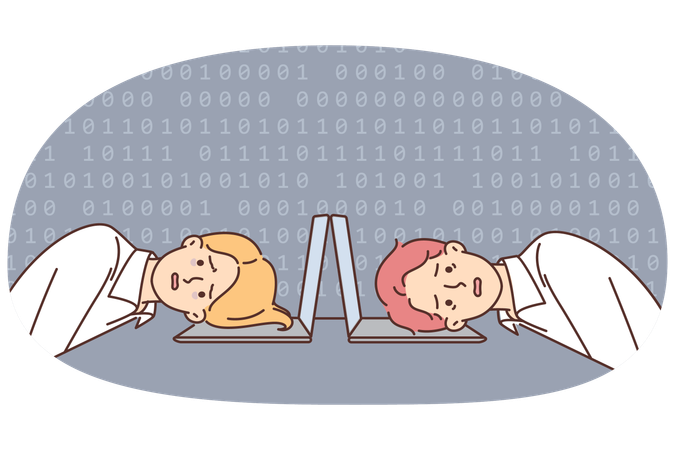 Victims of hackers attack put heads on keyboard after hacking server and losing data  Illustration