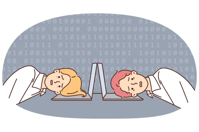 Victims of hackers attack put heads on keyboard after hacking server and losing data  Illustration