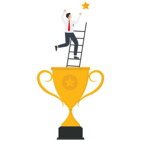 Victory and triumph in business, achieving maximum success or career growth, receiving an award or award for the work done and innovation, man climbs a ladder from a winners cup and points to a star, — Vector  Illustration