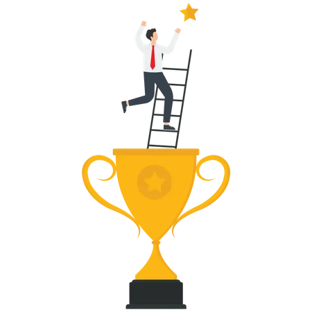 Victory and triumph in business, achieving maximum success or career growth, receiving an award or award for the work done and innovation, man climbs a ladder from a winners cup and points to a star, — Vector  Illustration