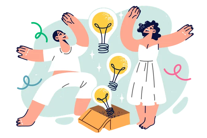 Victory Dance Of People Who Invented New Brilliant Ideas Around Box With Flying Light Bulbs Dance Of Happy Guy And Girl Inspired By Promising Ideas And Successfully Completing Teamwork Illustration
