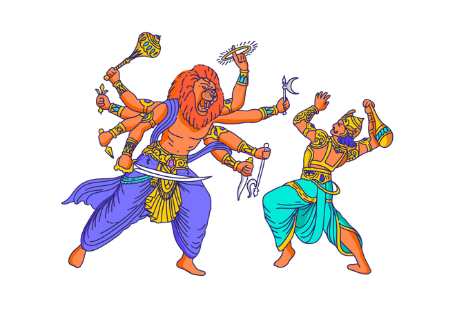Victory of Lord Vishnu as Narasimha Narayana over Hiranyakashipu  Illustration
