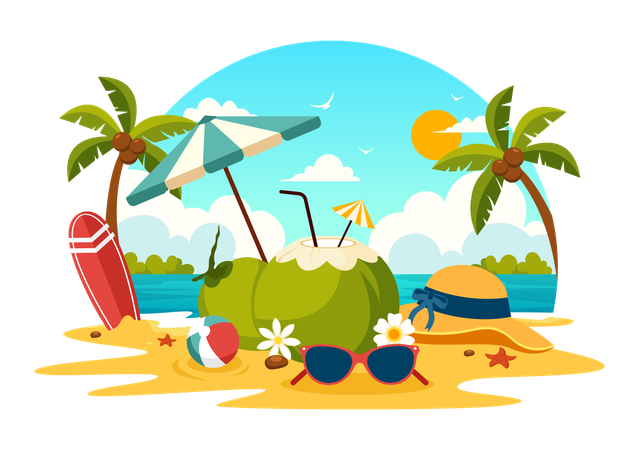 Vida de playa con coco  Ilustración