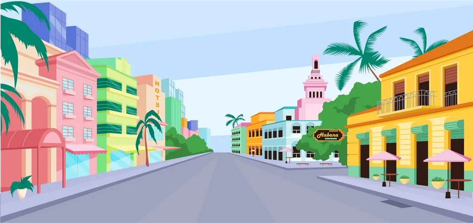 Ilustracion De Vector De Color Plano De La Vida De La Ciudad De Cuba Edificios Coloridos Tradicionales De La Habana Vacaciones De Verano En America Atracciones Cubanas Paisaje Urbano De Dibujos Animados En 2 D Con Paisaje De Cielo En El Fondo Ilustración