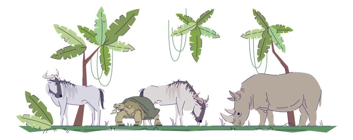 Ilustracion De Vector De Color RGB Semiplano De Vida Silvestre Grandes Criaturas Indonesias Diferentes Mamiferos En Pastos En El Bosque Animales Salvajes De La Selva Personaje De Dibujos Animados Aislados Sobre Fondo Blanco Ilustración