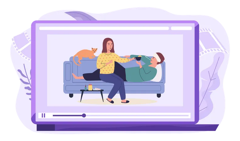Video About Treatment Of Coronavirus Woman Gives Tea To Sick Person Man Measures Temperature Male Character Lies With Thermometer Video Player On Laptop Screen Girl Holding Cup In Her Hands Illustration