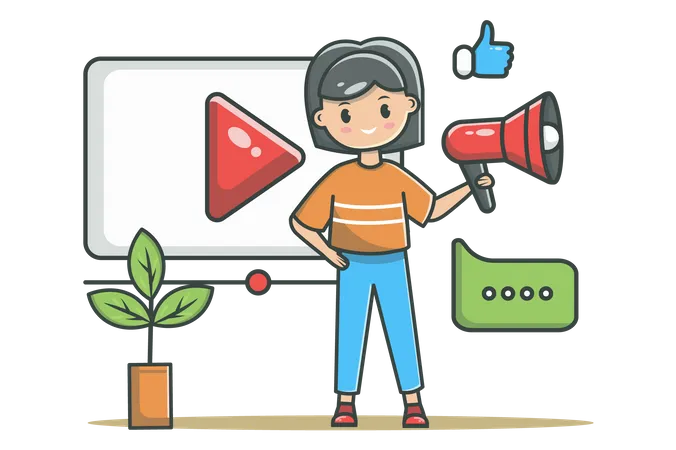 Marketing Concept In Flat Line Design Advertising And Promotion Color Outline Scene Woman Holds Megaphone While Standing By Video Player Collects Likes Comments Vector Illustration With Web Icon Illustration