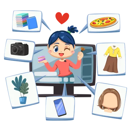 The Lovely Blogger Woman Use Desktop Computer Live With Education Beauty Or Fashion And Many More In Daily Life From Home In Cartoon Character Isolated Vector Illustration 일러스트레이션