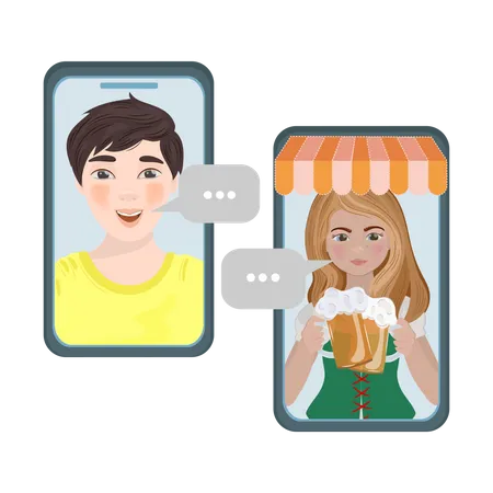 BEER SHOP Online Trading Smartphone Cartoon Girl Boy Communication Vector Illustration Set For Print Illustration