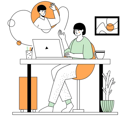 Video Call Modern Flat Design Style Illustration With Line Elements Colorful Composition With A Woman Talking To Her Friend Or Colleague From Home Working Online Videoconferencing Idea Illustration