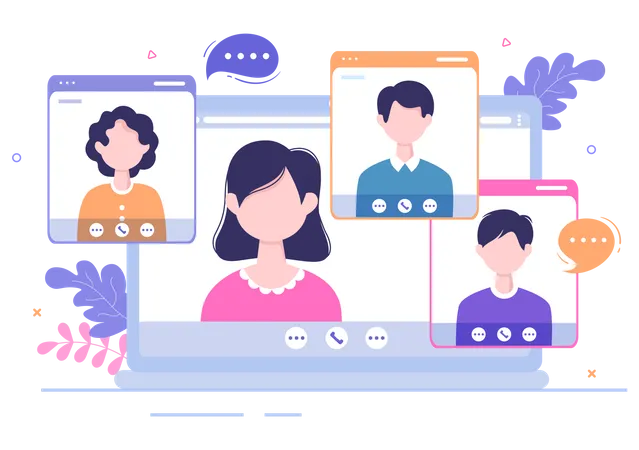 Conference Video Call By Remote Communication With Online Friends Using A Smartphone Or Computer Via A Webcam For Working From Home In Flat Style Cartoon Illustration Illustration