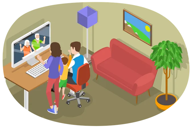 3 D Isometric Flat Vector Conceptual Illustration Of Family Video Call Video Conferencing At Home Illustration
