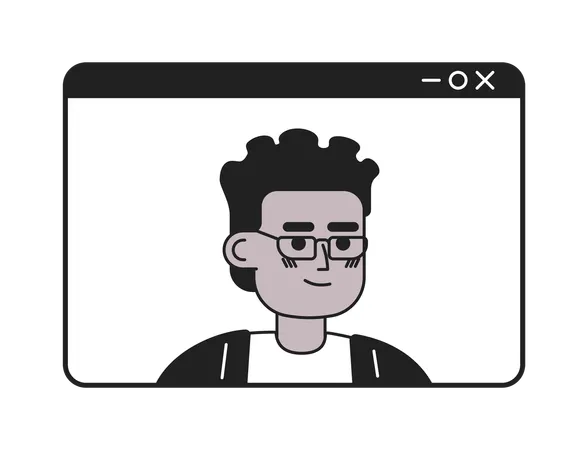 Video Call African American Eyeglasses Man Black And White 2 D Cartoon Character Webinar Screen Black Young Male Isolated Vector Outline Person Entrepreneur Monochromatic Flat Spot Illustration Illustration