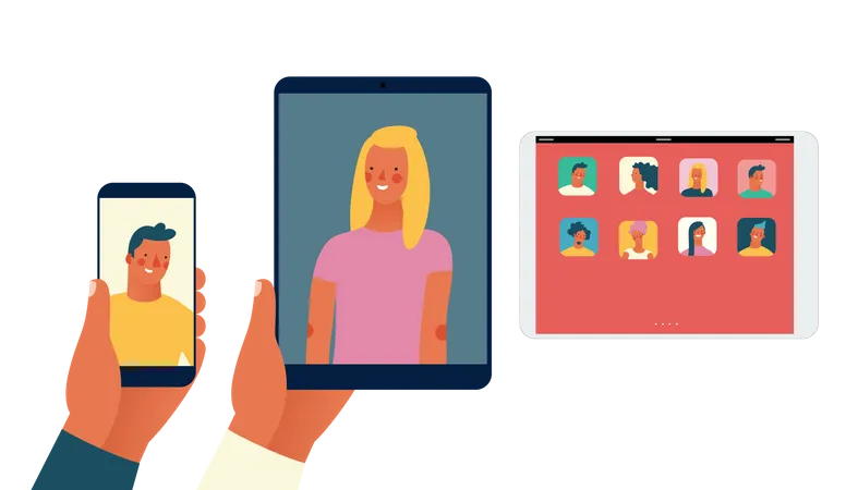 Bright People Portraits Hand Drawn Flat Style Vector Concept Illustration Of Video Call Man And Woman A Hand Holding Phone And Tablet With A Video Chat And A Tablet With A Screen With App Icons Illustration