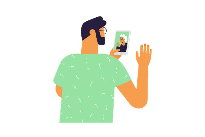 Video call between young man and grandmother  Illustration