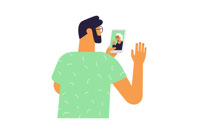 Video call between young man and grandmother  Illustration