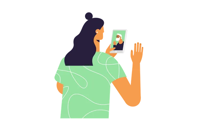 Vector Illustration With A Female Character Holding A Phone In Her Hand Waving Hello And Communicating Through The Phone Via Video Call Illustration