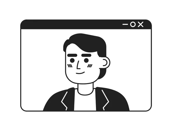 Video Call Caucasian Young Adult Man Black And White 2 D Cartoon Character Webinar Screen European Guy Isolated Vector Outline Person Videoconference Speaker Monochromatic Flat Spot Illustration Illustration
