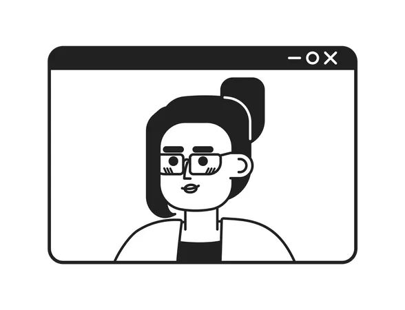 Video Call Middle Eastern Woman Eyeglasses Black And White 2 D Cartoon Character Webinar Screen Arab Female Isolated Vector Outline Person Millennial Worker Monochromatic Flat Spot Illustration Illustration