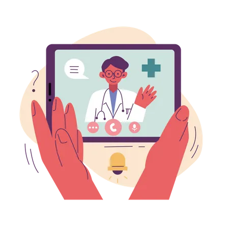 Depict A User Utilizing The Telemedicine Feature With An Illustration Of The User Engaging In A Video Call With A Doctor Or Healthcare Professional Illustration