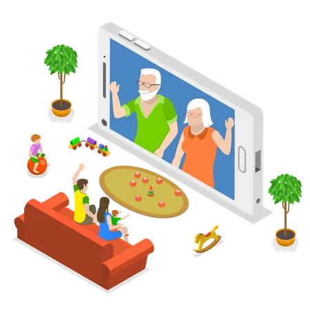 Family Call Flat Isometric Vector Concept Young Family With 2 Kids Are Having Video Call With Thair Parents Using The Smartphone Illustration