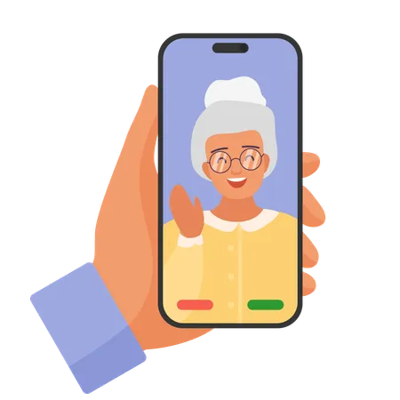 Video Call To Senior Woman Vector Illustration Cartoon Isolated Hand Holding Phone To Talk To Elderly Person On Screen Virtual Conference In Smartphone And Discussion With Grandmother Or Old Friend Illustration