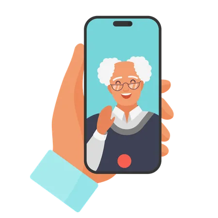 Video Call To Senior Man Vector Illustration Cartoon Isolated Hand Holding Phone To Talk To Elderly Person On Screen Virtual Conference In Smartphone And Discussion With Grandfather Or Old Friend Illustration