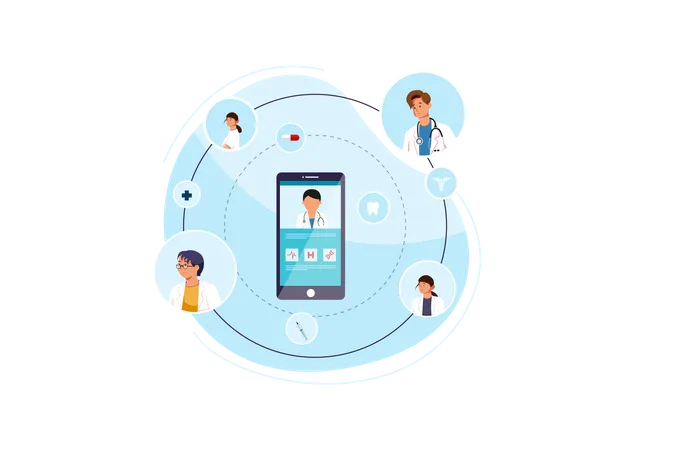 User Video Calling A Doctor Using Healthcare App On His Smartphone And Professional Medical Team Connected Illustration
