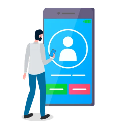 Man Back View Stands In Front Of Cartoony Huge Screen Smartphone With Flat Human Icon Video Call Virtual Communication Social Networks Chat The Guy Chatting Using Modern Digital Device Illustration