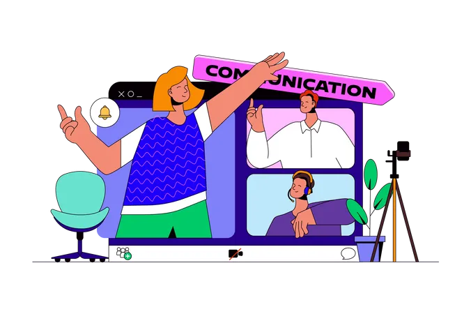 Video Communication Web Concept With Character Scene Colleagues Team Working Remotely And Connecting Via Group Video Chat People Situation In Flat Design Vector Illustration For Marketing Material Illustration