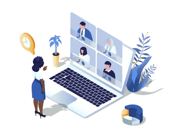 Video Conference Concept 3 D Isometric Web Scene People Communicates Online And Discuss Tasks Via Video Call Working Distance At Virtual Group Chat Vector Illustration In Isometry Graphic Design Illustration