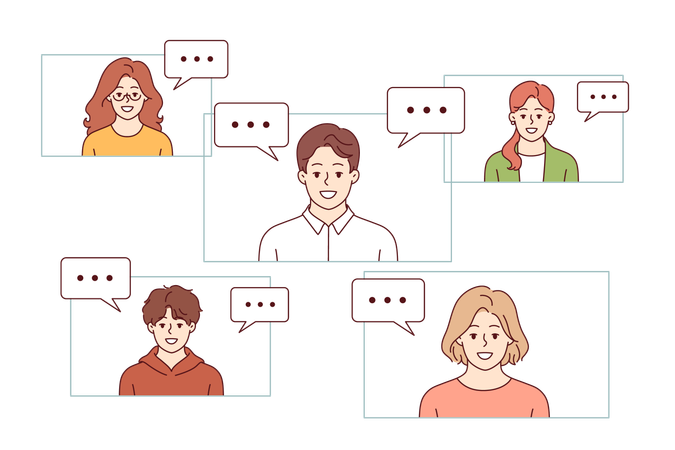Video conference of people on internet to agree on business project or joint training at webinar  Illustration