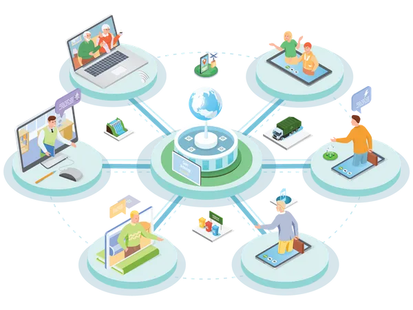Set Of Illustrations About Virtual Meeting Or Video Conference Via Social Media Chatting By Videochat Videoconferencing Using Green Technology Online Communication Via Internet Social Network Illustration
