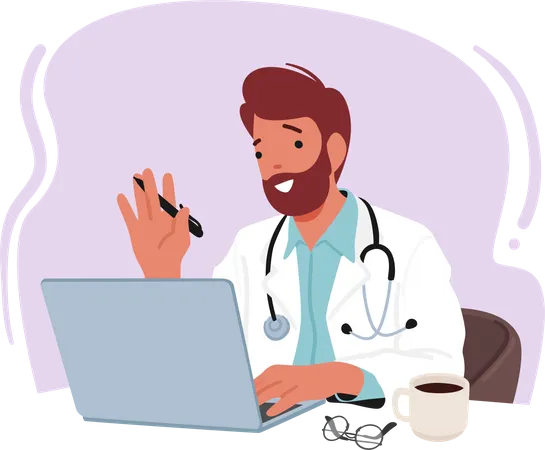 Smiling Male Doctor Character Diligently Working On His Laptop Chatting By Video Conference Utilizing Technology To Provide Excellent Medical Care And Enhance Patient Treatment Vector Illustration Illustration