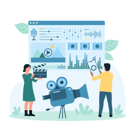Video Content Production Vector Illustration Cartoon Tiny People Record Digital Video Podcast With Camera Edit Creative Film For Vlog Channel With Phone And Visual Interface Of Editor Mobile App Illustration