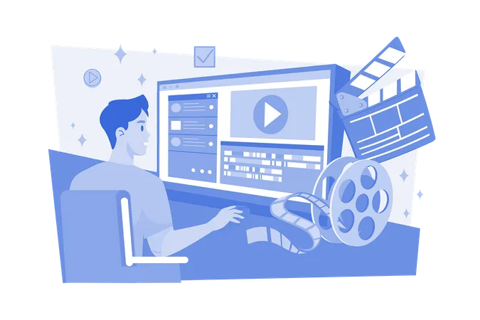 Video Creator Edits Video With Professional Equipment Illustration