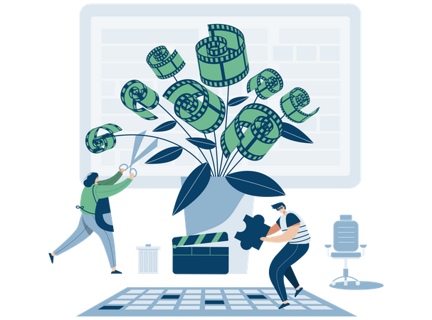 Video editor working on video clips  Illustration
