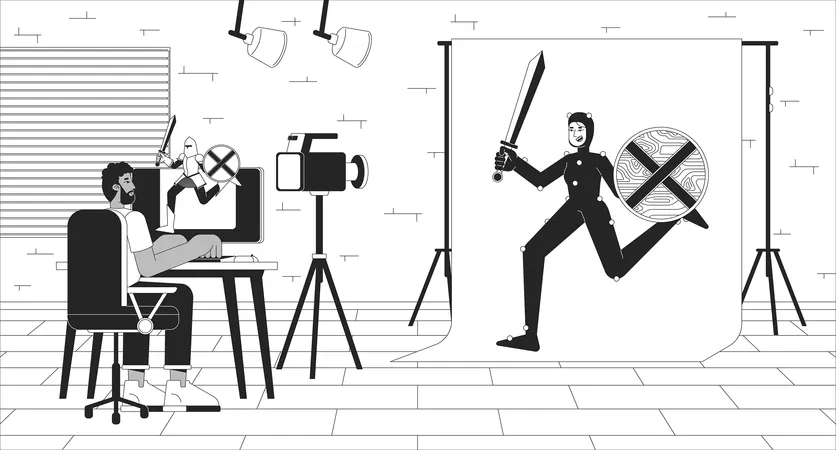 Video Game Development Black And White Line Illustration Web Designer With Actress In Mo Cap Suit 2 D Characters Monochrome Background Personage Creating Process Outline Scene Vector Image Illustration